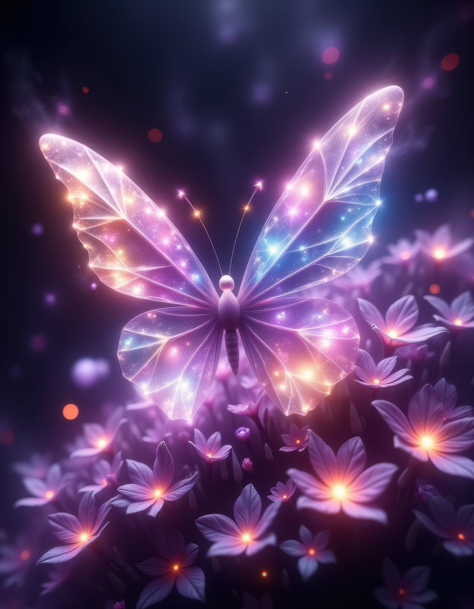A luminous butterfly rests on a cluster of glowing flowers, bathed in the soft light of dusk
